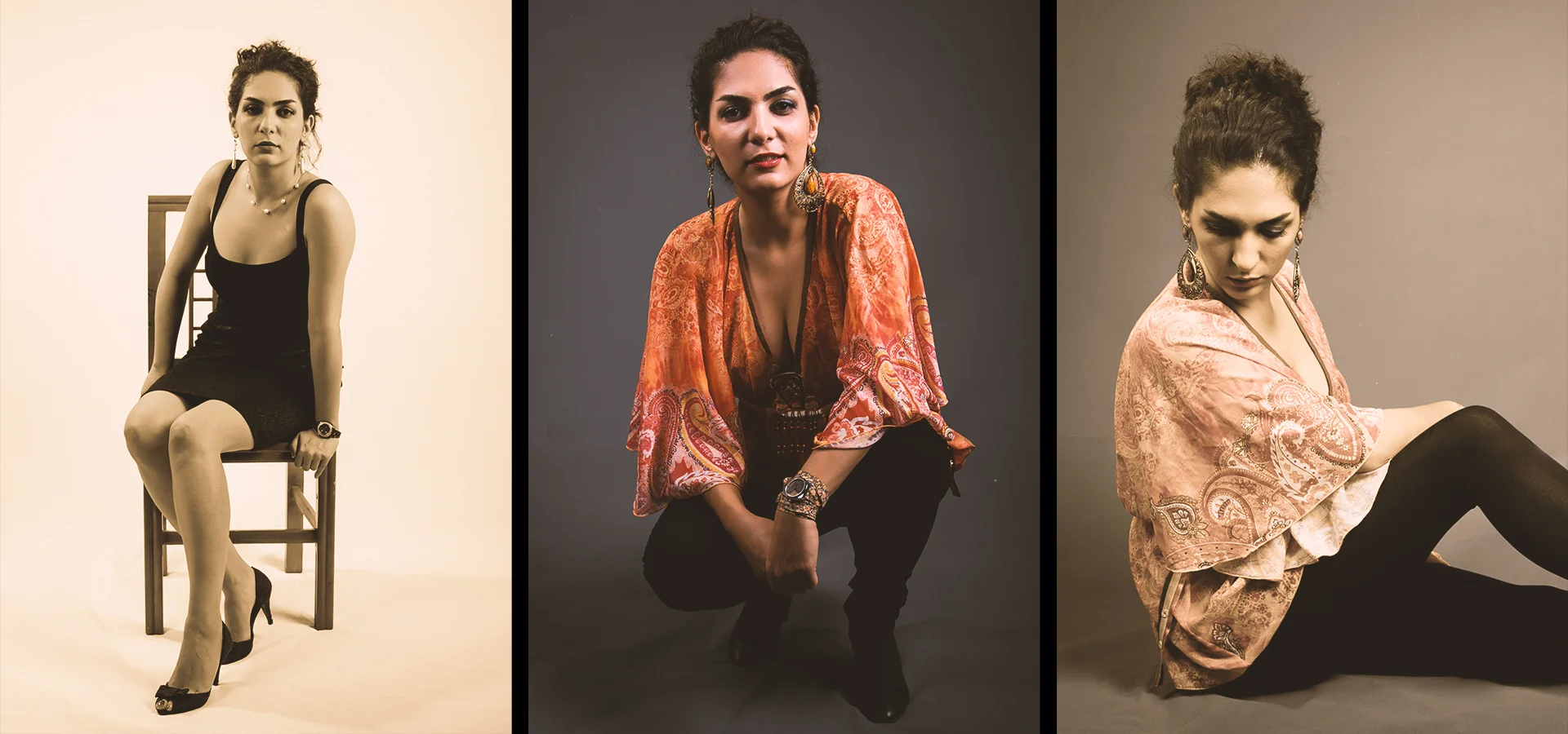 Three-panel studio portrait collage: left—a Baharak Abdolifard in a black dress sits on a chair; center—the same woman squats toward the camera wearing a deep-orange patterned blouse and statement earrings; right—she sits in profile in a pink patterned wrap and black leggings, looking down. Neutral backdrops with soft, even lighting.