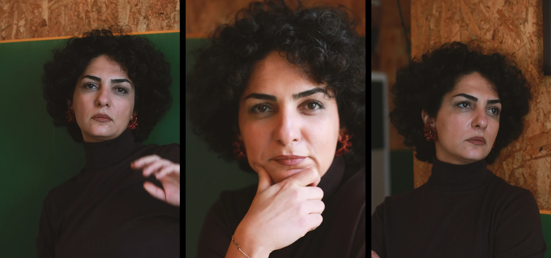 Three-panel headshot collage of a woman with short curly hair in a dark turtleneck, posing against green and wood backdrops with calm, thoughtful expressions.